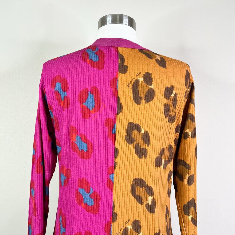 FARM Rio | Cheetah Leopard Print Contrast Pink Ribbed Duster Cardigan Sweater L - Picture 8 of 11